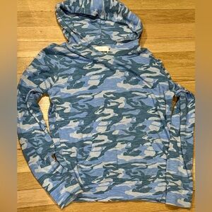 Monrow Blue Camo Hooded Knit Top XS